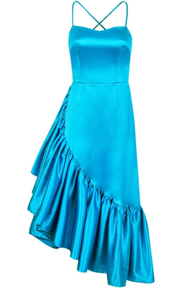 Sukienka satynowa midi z asymetryczną falbaną QUANTUM błękitna by MIA My Image Art