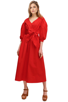 Sukienka midi bufiaste rękawy z bawełny czerwona by VerityHunt