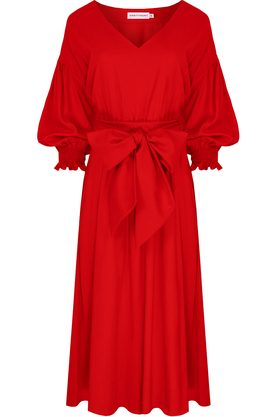Sukienka midi bufiaste rękawy z bawełny czerwona by VerityHunt